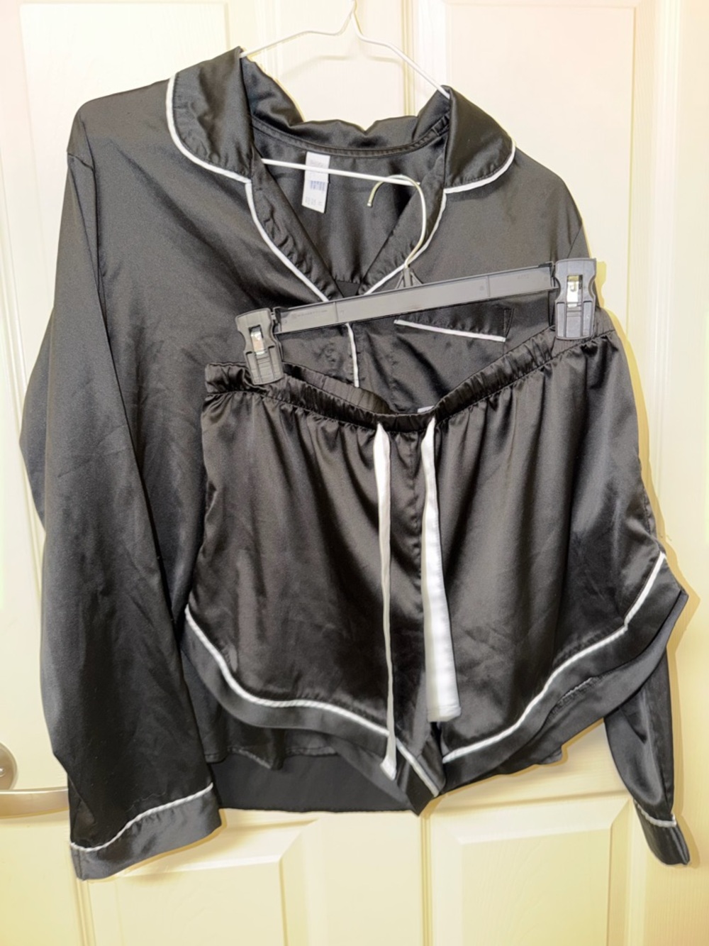 Black Satin Pajama Set with White Piping